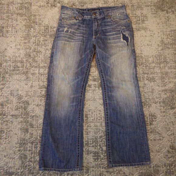 Affliction Jeans Mens 33x31  Blue Cooper Relaxed Boot Medium Wash Distressed - Picture 1 of 16